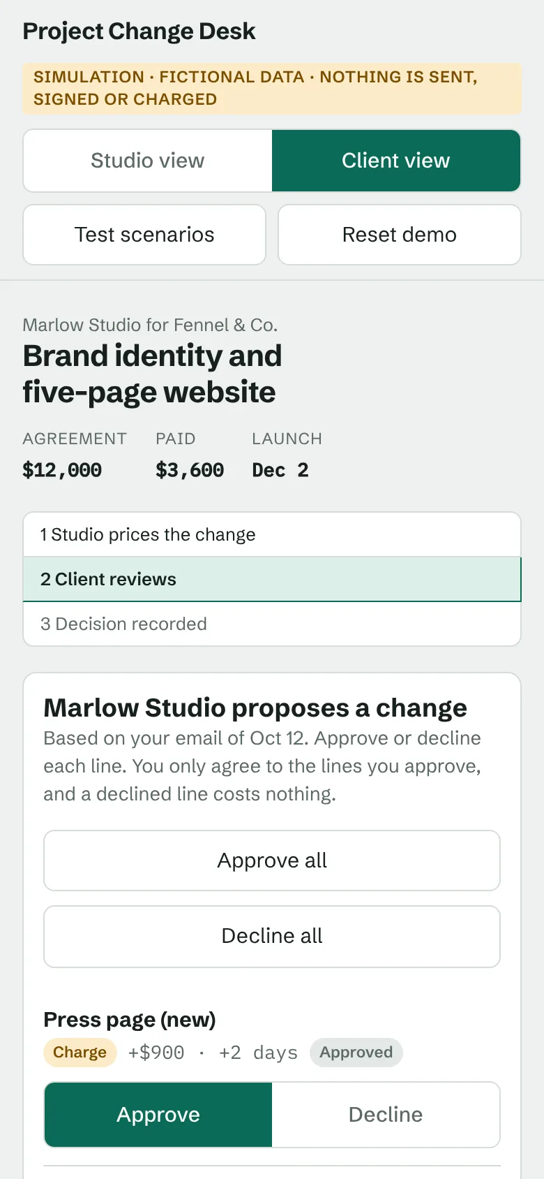 The same client decision screen on a phone.